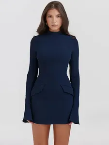 Casual Dresses Elegante dunkelblaue feste hohe Taille Minikleid Frauen Mode mit Tasche Langarm Bodycon 2023 Chic Party Club Roben