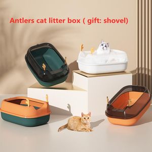 Boxes Antler Thickened Extralarge Cat Litter Box AntiSplash Semienclosed Cat Toilet Removable Cat Litter Box Cat Cleaning Supplies