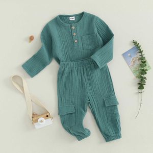 Set di abbigliamento Cotone Casual Neonate Ragazzi Abiti Bottoni solidi Manica lunga Girocollo Top con pantaloni lunghi 2 pezzi Vestiti autunnali per bambini