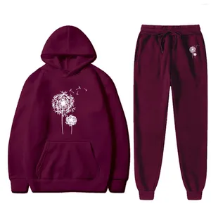 Pantalones de dos piezas para mujer 2 Set Traje de mujer Sudaderas con capucha con estampado de diente de león Sudadera Chándal 2023 Tallas grandes Ropa de calle Traje deportivo informal