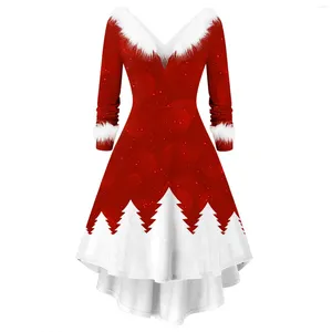 Casual Kleider Gespleißt Weihnachten Kleid Frauen Winter Pelzigen Plüsch Party Elch Schneeflocke Santa Weibliche Unregelmäßige A-Linie Jahr 2024