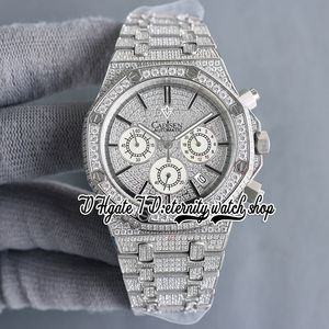 SF sf26333 Japan Miyota Quarz-Chronographenwerk Herrenuhr, voll vereist, gepflastertes Diamant-Zifferblatt, schwarze Stickmarkierungen, Diamanten, Armband, Ewigkeitsschmuckuhren