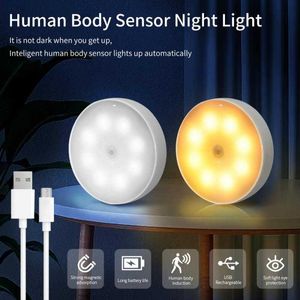 Luci notturne Sensore di movimento Luce LED USB NightLights Lampada rotonda a pagamento per camera da letto Cucina Scala Corridoio Guardaroba Armadio Illuminazione AA230426