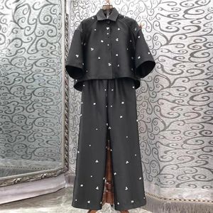 Work Dresses Women Black Rhinestone Set Short Sleeve Turn-down Collar Silhouette Shirt Or Lace-up Elastic Waist Long Pants Suit For Female