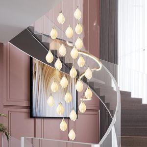 Chandeliers Nordic Luxury Staircase Chandelier Ceramic Magnolia Petals Hanging Pendant Lights Led Villa Living Room Decoration