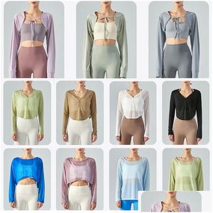 Strój jogi lu-343 Athletica Womens luźne oddychanie bluzka z długim rękawem biały czarny szal khaki brązowy niebieski błękitny seler kolor l dhqga