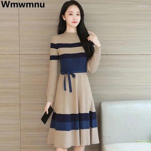 Vestidos casuais listra magro grosso vestido de malha manga longa rendas até camisola outono inverno midi vestidos elegante bottoming malhas robe