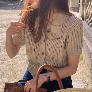 Arbeitskleider Frau Schönes Mädchen Sommer Retro Stil Revers Ausgehöhlt Dünne Einreiher Lose Kurz Strickjacke Top Frauen