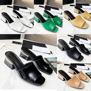 2023 Designer Pure color Square head Slides slippers Womens Luxury 100% leather Pearl ornament outdoor High heels Sandals ladys sexy shallow mouth slipper shoes