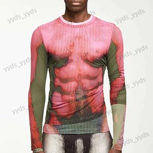 Męskie koszulki Męskie Nowy, ciasny, długotrwałe seksowne seksowne top streetwear męskie T-shirt Stripe-Stripe-Drint On-Neck Stretch dla chłopców T231127