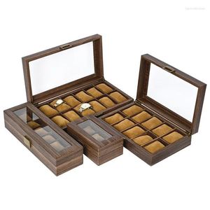 Watch Boxes Cases Luxury Wooden 3/6/10/12 Grids Holder Box For Men And Women Glass Top Jewelry Organizer Stroge Clock Drop Deliver Otrmt