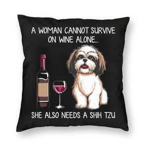 Almofada decorativa legal shih tzu e vinho quadrado lance capa casa decorativa 3d impressão de dois lados almofada de cachorro engraçado para carro6179076