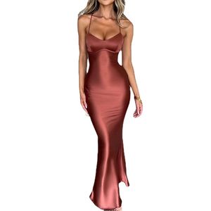 Zabrina Satin Kleider Club Fashion Outfits Schwarzes rückenfreies Spaghettiträger Maxi Herbstkleid Chic Party Figurbetontes Abendkleid Damen