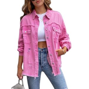 Women's Jackets Holes Raw-edges Denim Jacket Women Spring Autumn Shirt Style Jeancoat Casual Top Rose-Red Orange Purple Outerwear Lady Coat 230427