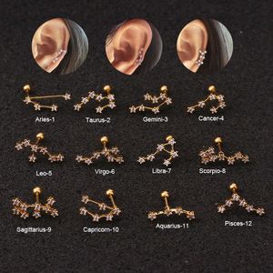 Moda coreana Cz Zircone Chiodo dell'osso dell'orecchio Dodici costellazioni Unghie dell'orecchio Acciaio inossidabile Sfera intrecciata Earnail Piercing Orecchino Borchie Gioielli Anello orecchio in oro 14k