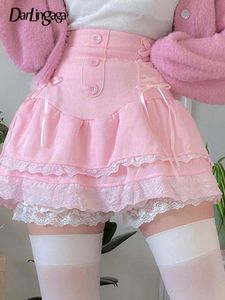 Skirt Darlingaga lolita in stile dolce in pizzo rosa rivestitura in vita alta mini gonna da donna harajuku cravatta coreana gonna a pieghe a doppio strato carino