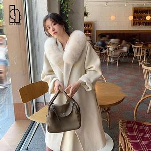 Blends 2021 Pelz Kragen Elegante Feste Lange Woolen Mäntel Weibliche Sashe Dicke Warme Koreanische Mode Outer Dame Vintage