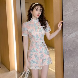 Klä dig riktigt foto högkvalitativ spetsblommor och shorts 2st Set Women 2021 Summer Retro Cheongsam Outfits