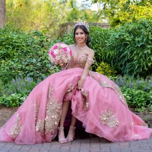 Pink Ball Gown Quinceanera Dresses Off Shoulder Appliques Lace Beads Tull Sweet 15 Dress Lace-up Vestidos De 15