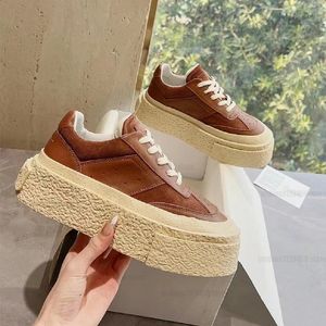 Designer Women Platform German Trainer Calf Leather Suede Trim Logo Patch Tongue Lace-Up Splice Round Toe Brown Trainers