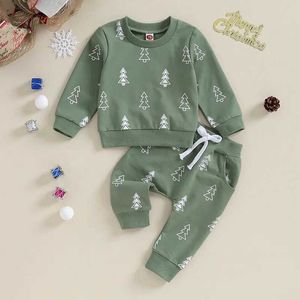 Conjuntos de roupas da criança dos miúdos do bebê meninos meninas conjuntos de roupas de natal verde árvore de natal impressão manga longa camisolas calças roupas casuais