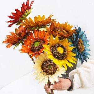 Flores decorativas 3D Touch real Touch Sunflower Artificial Silk Flower Branches de decoração caseira POXHET PARTE APOS DE CASAMENTO