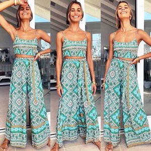 Women's Tracksuits Boho Inspired Floral Print 2 Piece Set Women Crop Top Elastic Waist Wild Leg Pants Summer Two Outfits 2023