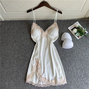 Sexy Pyjamas Nightgown Lace Trim Sleepwear Lady Satin Nightdress Sexy Spaghetti Strap Sleepdress Summer Nightwear V-Neck Kimono Dressing Gown 230427