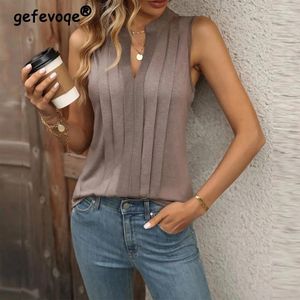 Regatas femininas roupas 2023 verão moda elegante babados sólido sem mangas camisetas colete y2k casual streetwear com decote em v magro regatas