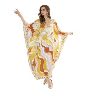 Klänningar Autumn 2021 Mellanöstern Vneck Dress New Women's Sticked Silk Printed Robe Vestido de Mujer