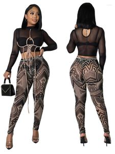 Women's Two Piece Pants Casual High Street Women 2023 Autumn Shine Rinestone Matching Set T Shirt Top And Skinny Long Pencil Pant Suit