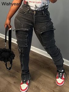 Women s Jeans Elegant Multi Pocket Front Zipper Fly Pencil for Women Street Autumn Winter Denim Pants Sexy Rave Club Streetwear Trousers 231127