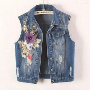 Kvinnotankar vintage kort denim väst kvinnlig smal koreansk ärmlös jacka 2023 våren sommarkläder broderi waistcoat damer h2797