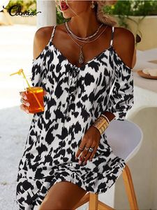 Vestido celmia feminino aline vestidos de férias moda fora do ombro alças leopardo impressão mini vestido 2022 verão boêmio praia curto robes