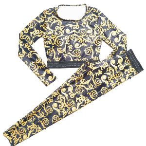 Tuta da ginnastica gialla con stampa vintage Leggings firmati da donna Top da yoga a maniche lunghe alla moda Pantaloni da yoga elasticizzati