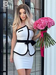 Pants PB Trendy Bow Design Color Block Two Pieces Set Sexy Strapless Celebrity Party Club Bandage Suit Free Shipping