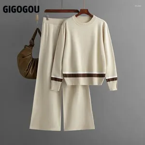 Women's Two Piece Pants GIGOGOU CHIC Women Wide Legs Suits Striped 2/Two Pieces Sets Autumn Winter Warm Sweater Tracksuits