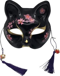 Tilki maskesi hayvan Japon geleneksel cosplay kabuki kedi maskeleri el boyalı kiraz çiçeği maske duvar dekorasyonu maskeli balo siyah yüz
