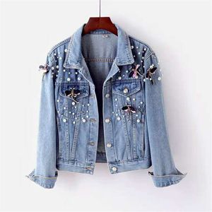 Kadın Ceketleri Sonbahar Denim Ceket Ceket Kadınlar Boncuk Gevşek Palto Kot Ceket Temel Ceket Sokak Giyim Uzun Kollu Dış Giyim P688 230427