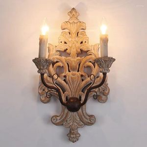 Wall Lamp American Double Headed Solid Wood Carving Antique Living Room Dining Porch Bedroom Corridor Decoration Light