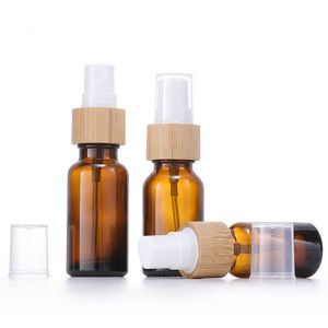 Wooden Natural Bamboo Cap Glass Bottle Cosmetic Transparent Frosted Spray Pump Packaging Container