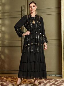 Ethnic Clothing Luxry Abaya Set For Women Feather Sequines Embroidery Arabic Evening Dresses 2 Piece Muslim Dubai Moroccan Caftan Black