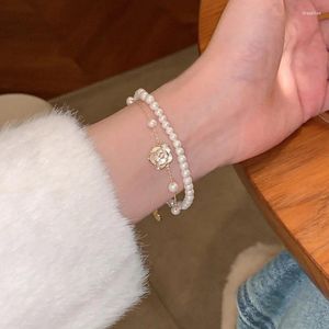 Charm Bracelets ALLME Retro White Enamel Camellia Flower For Women Double Layered Imitation Pearl Strand Bracelet Accessories