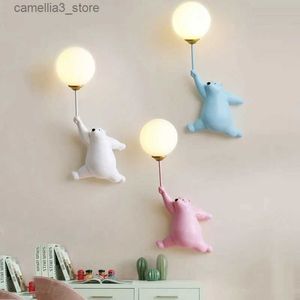 Wall Lamps Nordic Modern Creative LED Teddy Bear Cartoon Wall Lamp for Children's Bedroom Bedside Blue White Pink Warm Cozy Background Q231127