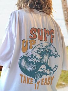 Damen T-Shirt Surf Up Take It Easy Print Damen T-Shirts Persönlichkeit Casual Kurzarm Rundhals Allmath T-Shirt Kleidung Soft Trend Tops 230426