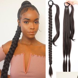 Rabo de cavalo longo reto trançado rabo de cavalo envoltório em torno de extensões de cabelo diy 85cm natural preto loiro trança sintética perucas para mulheres dhqsa