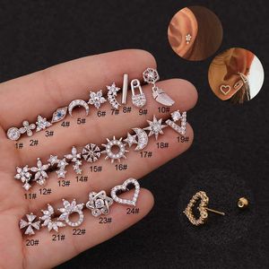 New Creative Flower Earrings Stud Stainless Steel Screw Back Earbone Nail Female Cubic Zircon Ear Bone Nail Puncture Pierced Ear Ring 14K Gold Plated Screw Back