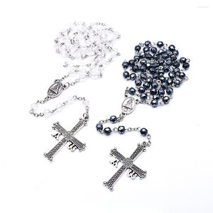 Pendant Necklaces Black White Glass Crystal Bead Rosary Cross Necklace Our Lady Catholic Religious Prayer Baptism Jewelry Accessories Gift