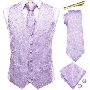 Men's Vests Wedding Light Purple Silk Men Vest Paisley Jacquard Sleeveless Waistcoat Clips Necktie Hanky Cufflinks Set Business Party Hi-Tie