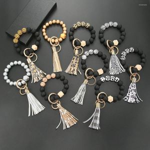 Keychains Frosted Bead Bracelet Keychain Tassel Wood String Female Hand Ring Car Bag Pendant Key Women Jewelry Gifts